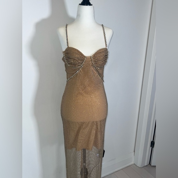 [CLEARANCE/Send Offers] BRONZE RHINESTONE DIAMANTÉ MESH PARTY DRESS - Picture 4 of 10